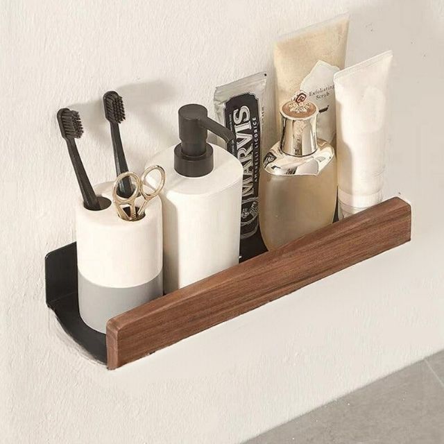 Rustic Bathroom Shelf - Solid Wood Storage Rack with Easy Drill-Free Installation, Water Resistant Design for Stylish Organization 1