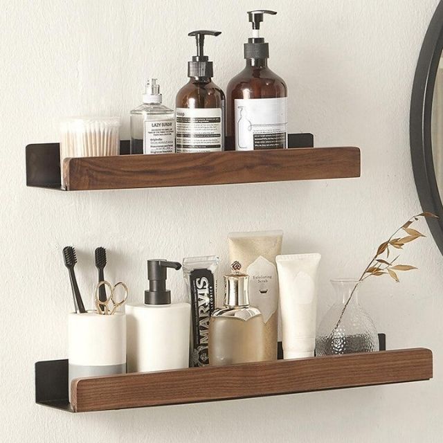 Rustic Bathroom Shelf - Solid Wood Storage Rack with Easy Drill-Free Installation, Water Resistant Design for Stylish Organization 2