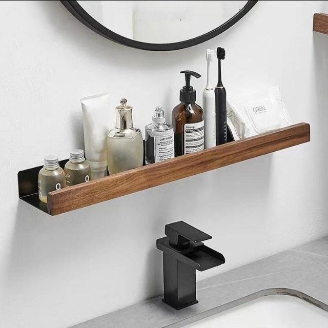 Rustic Bathroom Shelf - Solid Wood Storage Rack with Easy Drill-Free Installation, Water Resistant Design for Stylish Organization 3