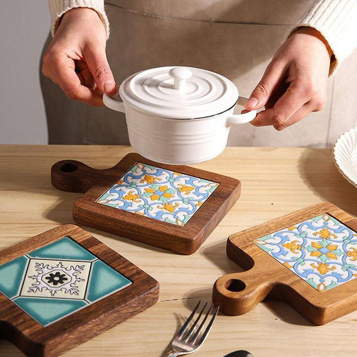 Rustic Ceramic Coaster with Solid Wood Base – Stylish Heat Resistant Drink Protector 1