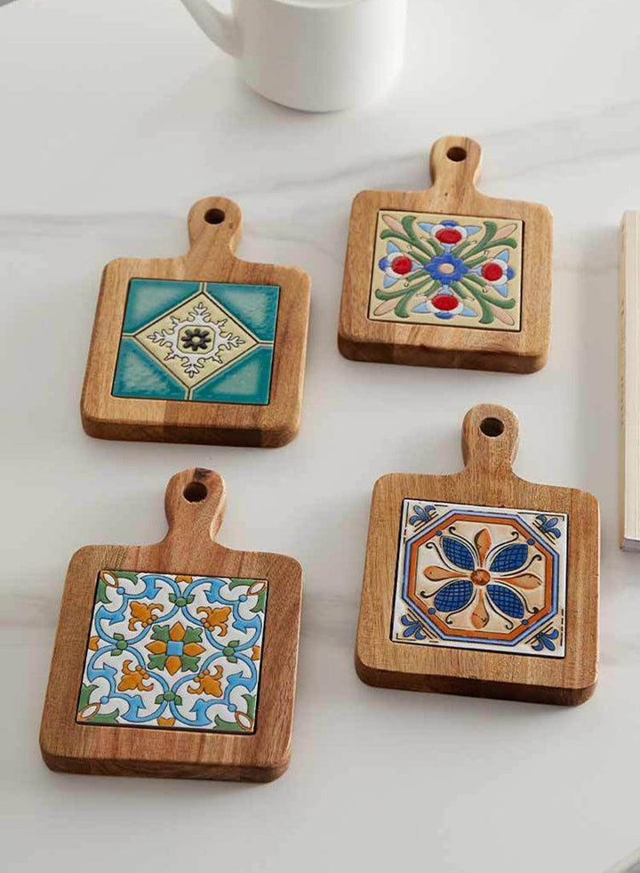 Rustic Ceramic Coaster with Solid Wood Base – Stylish Heat Resistant Drink Protector 2