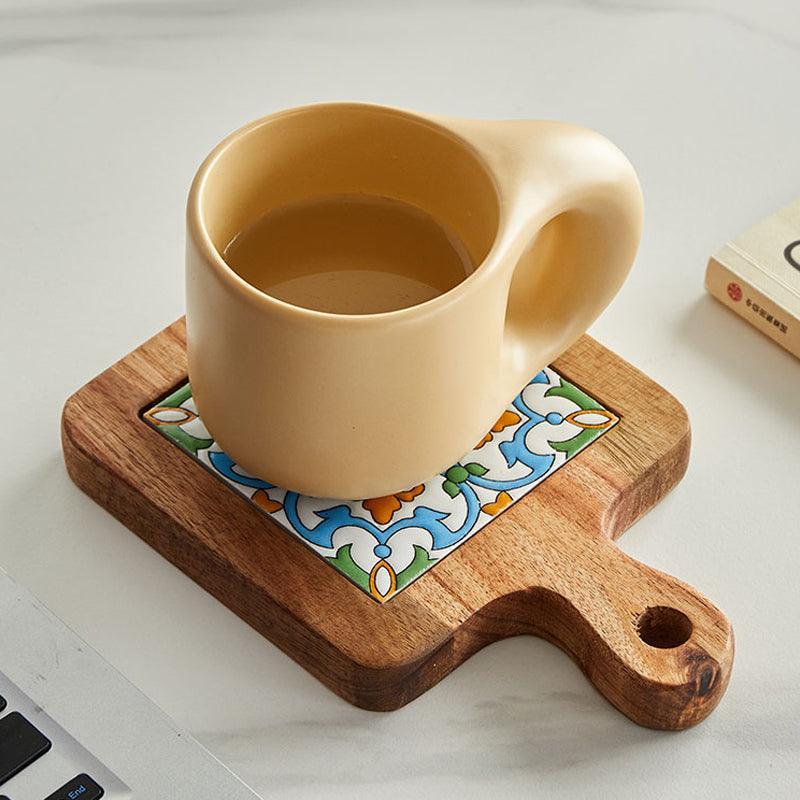 Rustic Ceramic Coaster with Solid Wood Base – Stylish Heat Resistant Drink Protector 4