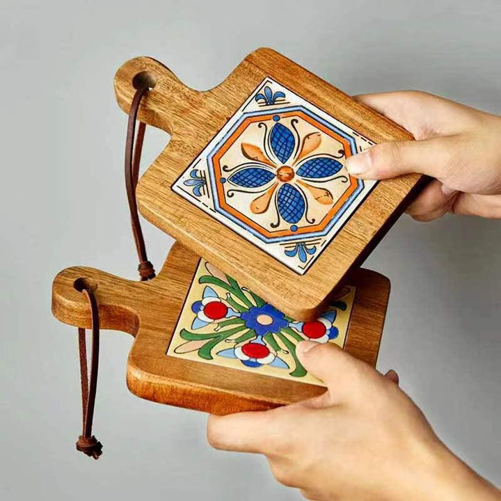 Rustic Ceramic Coaster with Solid Wood Base – Stylish Heat Resistant Drink Protector 5