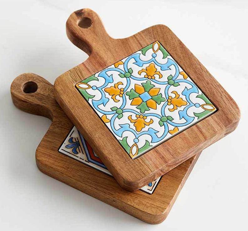 Rustic Ceramic Coaster with Solid Wood Base – Stylish Heat Resistant Drink Protector 6