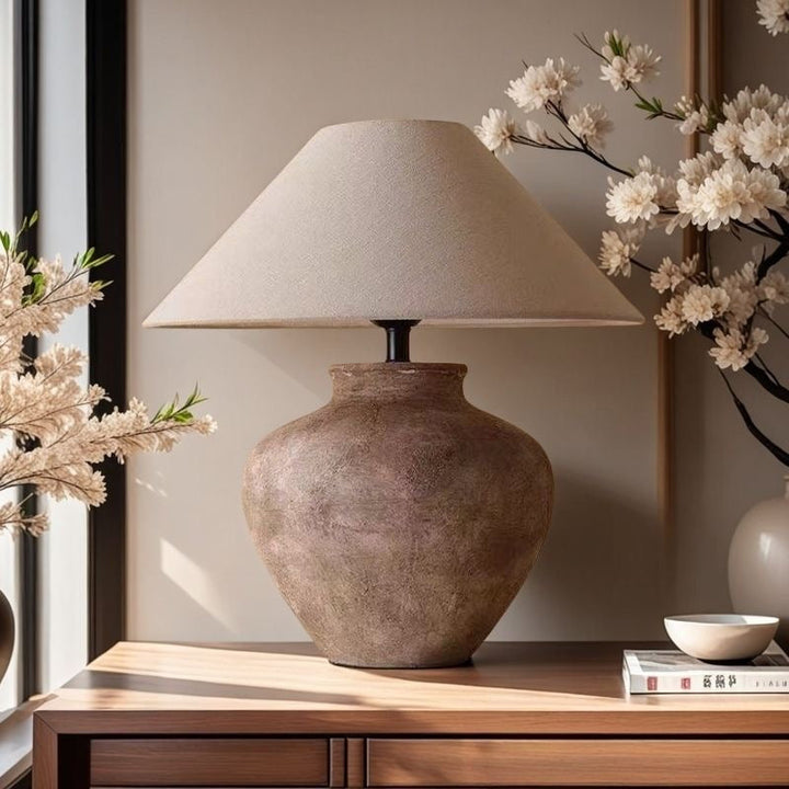 Rustic Ceramic Table Lamp – Wabi-Sabi Minimalist Style Nightstand or Desk Lamp with Soft Illumination 0