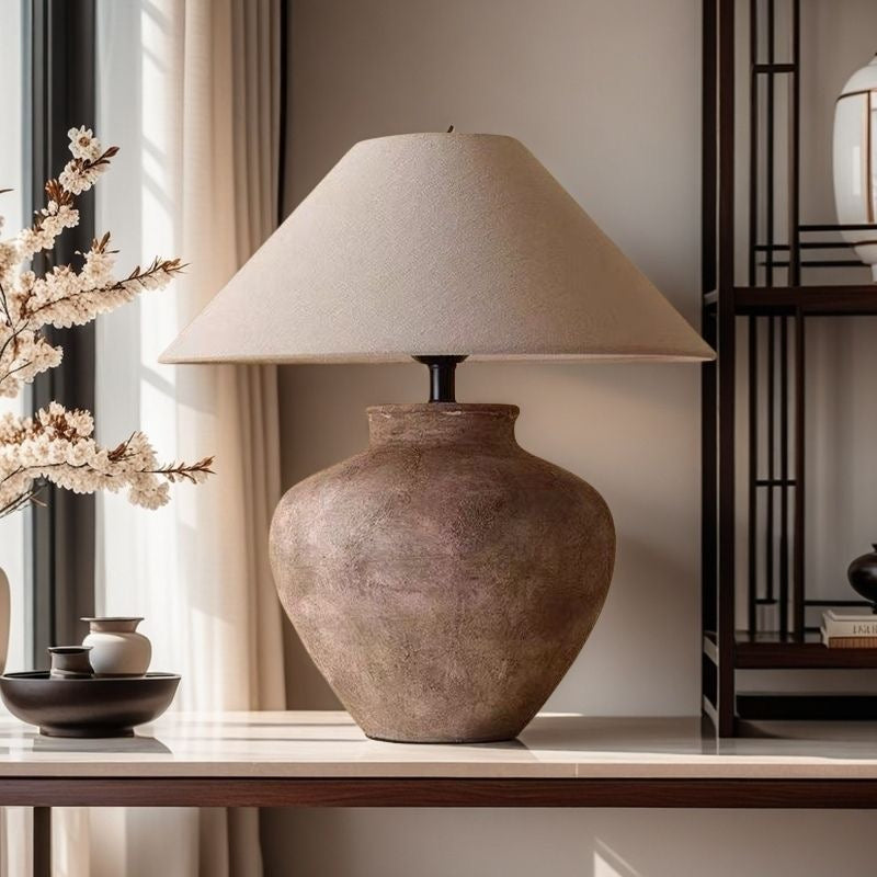 Rustic Ceramic Table Lamp – Wabi-Sabi Minimalist Style Nightstand or Desk Lamp with Soft Illumination 1
