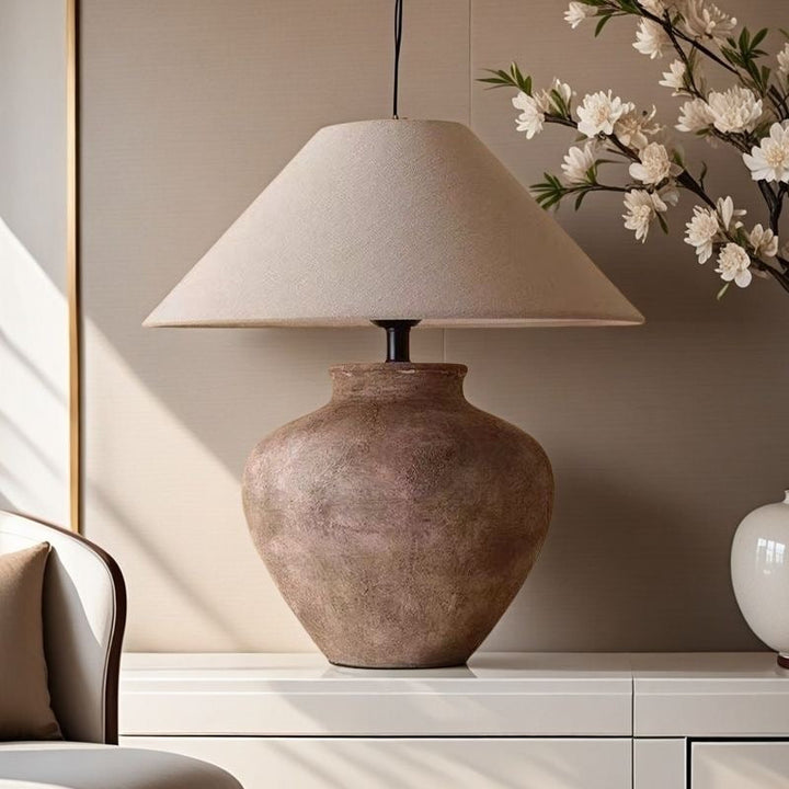 Rustic Ceramic Table Lamp – Wabi-Sabi Minimalist Style Nightstand or Desk Lamp with Soft Illumination 4