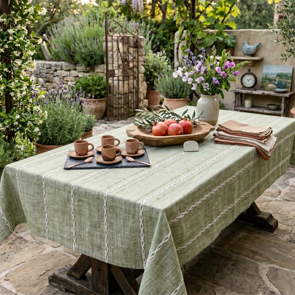Rustic Cotton-Linen Tablecloth with Durable Striped Embroidery – Elegant Dining Table Cover for Indoor and Outdoor Use 0