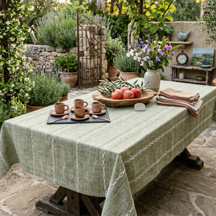 Rustic Cotton-Linen Tablecloth with Durable Striped Embroidery – Elegant Dining Table Cover for Indoor and Outdoor Use 0