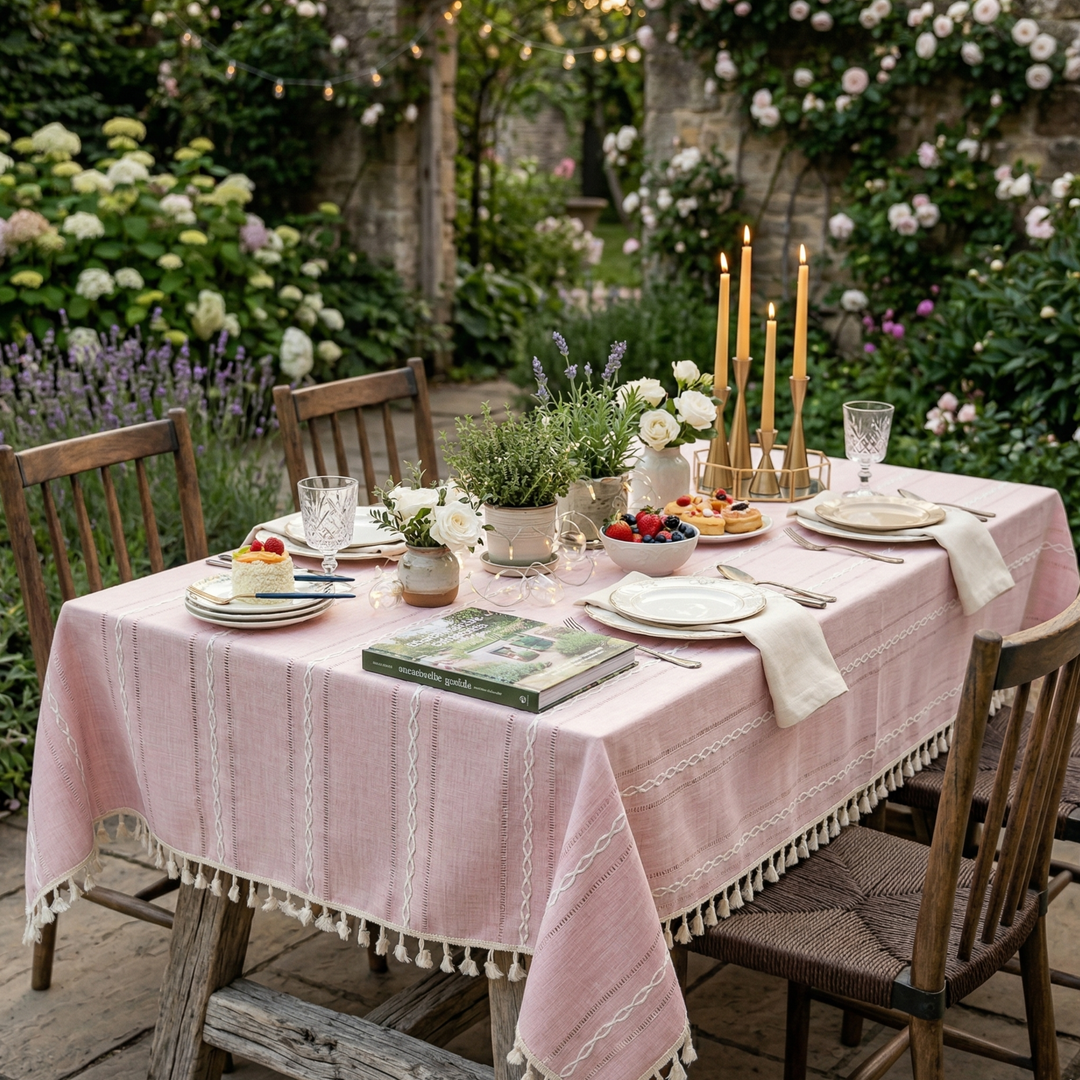Rustic Cotton-Linen Tablecloth with Durable Striped Embroidery – Elegant Dining Table Cover for Indoor and Outdoor Use 1