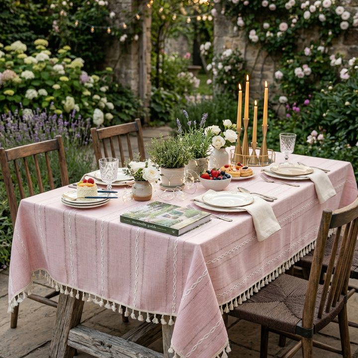 Rustic Cotton-Linen Tablecloth with Durable Striped Embroidery – Elegant Dining Table Cover for Indoor and Outdoor Use 1