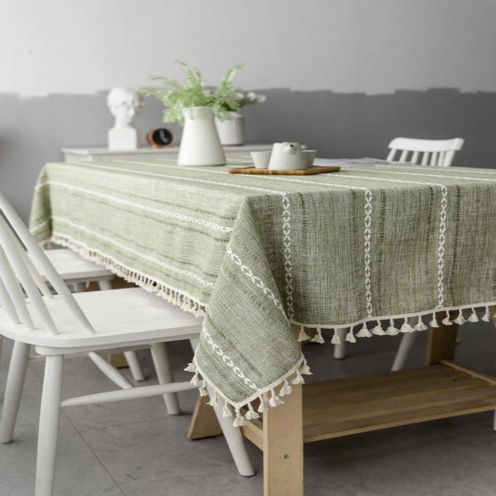 Rustic Cotton-Linen Tablecloth with Durable Striped Embroidery – Elegant Dining Table Cover for Indoor and Outdoor Use 2