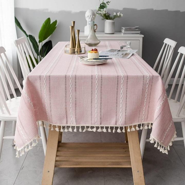 Rustic Cotton-Linen Tablecloth with Durable Striped Embroidery – Elegant Dining Table Cover for Indoor and Outdoor Use 3