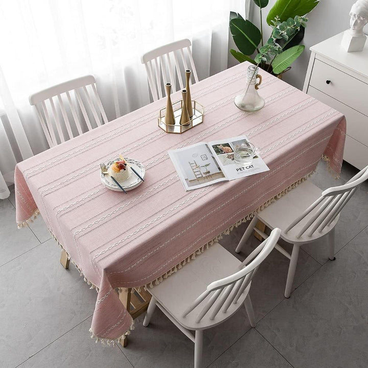 Rustic Cotton-Linen Tablecloth with Durable Striped Embroidery – Elegant Dining Table Cover for Indoor and Outdoor Use 5