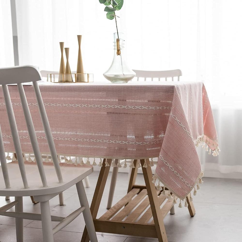 Rustic Cotton-Linen Tablecloth with Durable Striped Embroidery – Elegant Dining Table Cover for Indoor and Outdoor Use 6