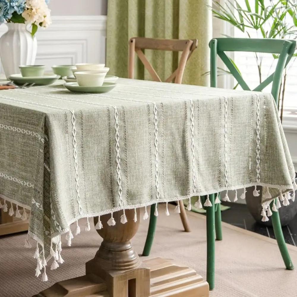 Rustic Cotton-Linen Tablecloth with Durable Striped Embroidery – Elegant Dining Table Cover for Indoor and Outdoor Use 7