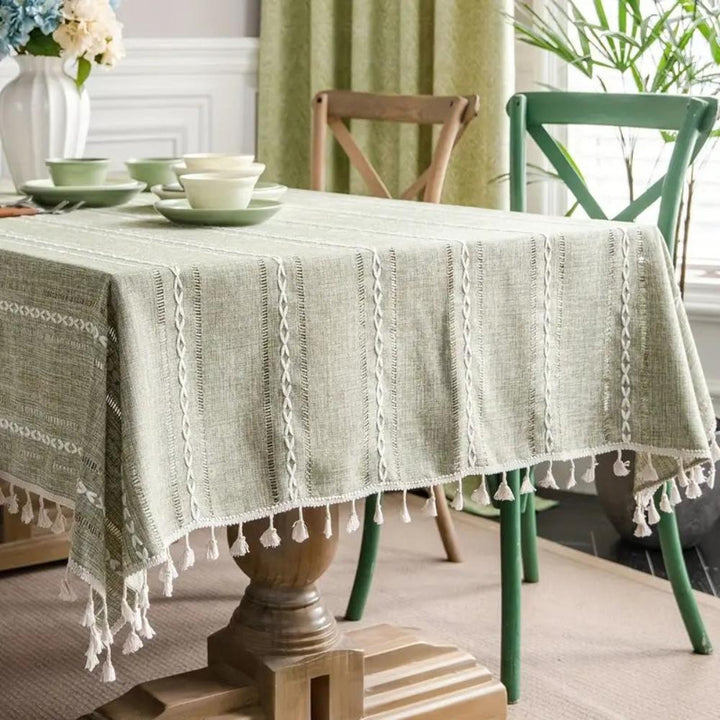 Rustic Cotton-Linen Tablecloth with Durable Striped Embroidery – Elegant Dining Table Cover for Indoor and Outdoor Use 7