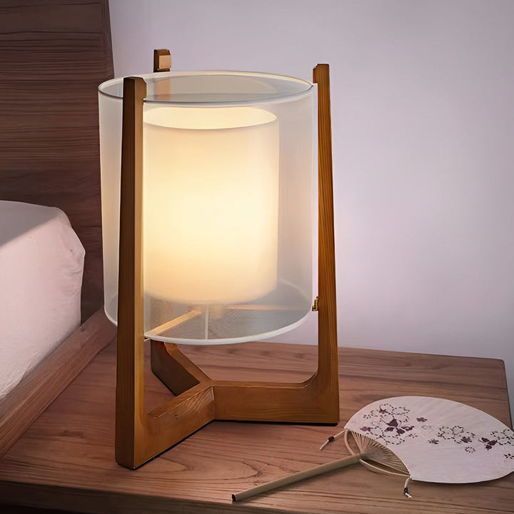 Rustic Japanese-Style LED Floor Lamp with Double Shades – Natural Wood Finish for Living Room Decor 0