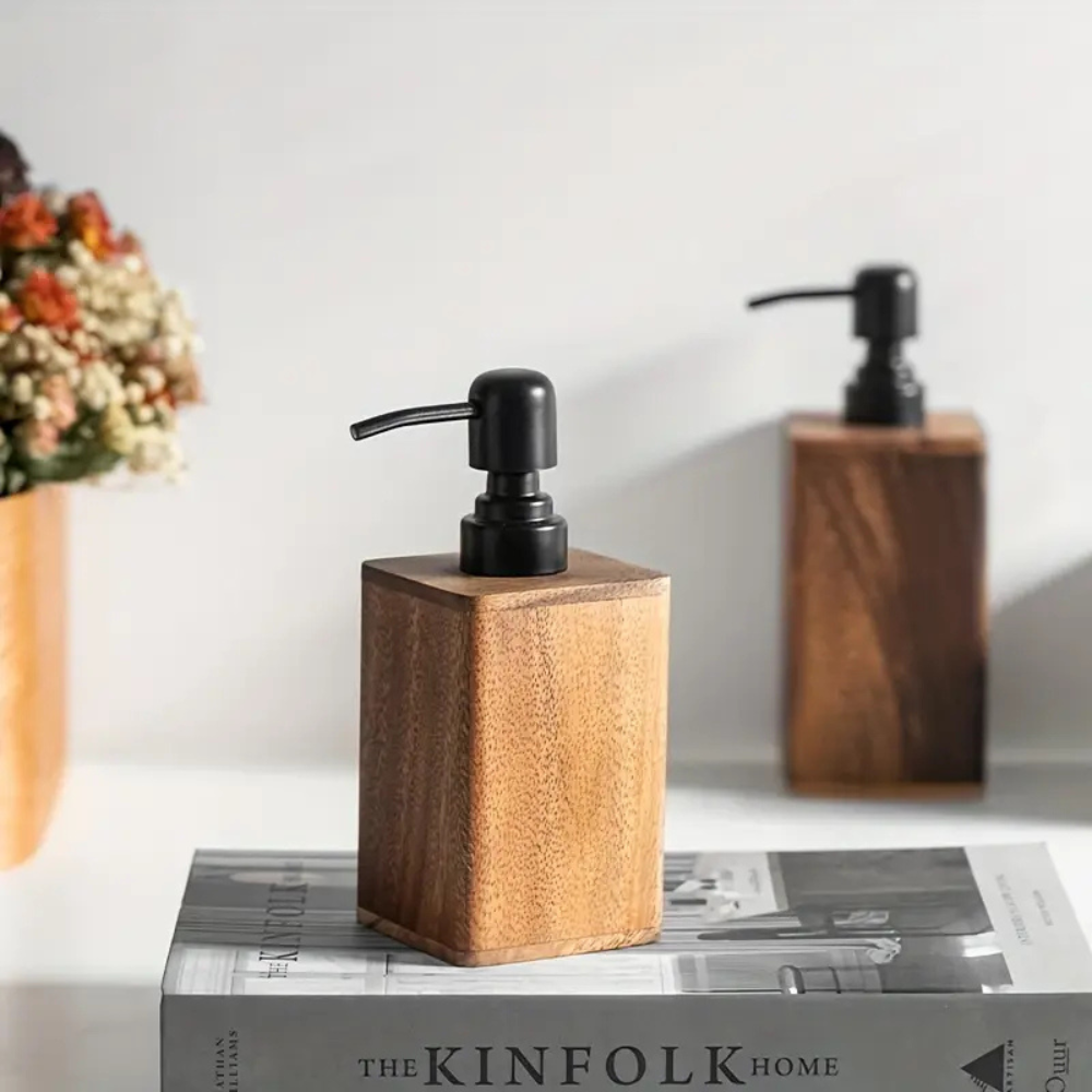Rustic Solid Wood Soap Dispenser with Matte Black Pump – Refillable Bathroom Lotion Dispenser for Elegant Vanity Decor 1