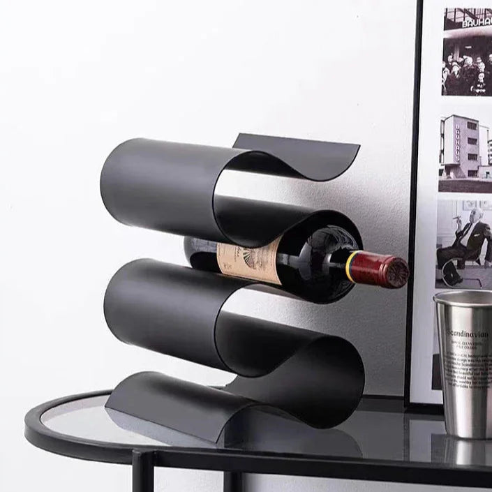 Sculptural Metal Wine Rack for Countertop – Elegant Wavy Design Holds 3 Standard Bottles, Compact Wine Storage Racks 2