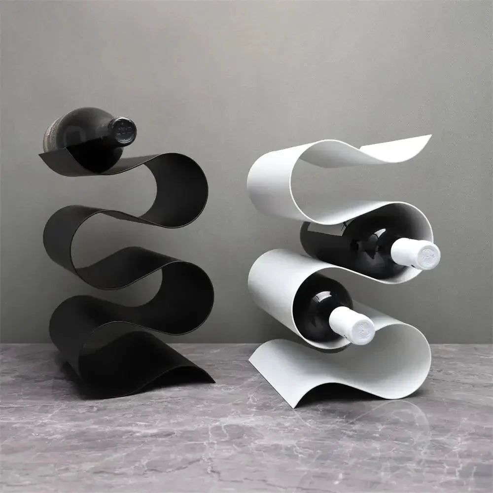 Sculptural Metal Wine Rack for Countertop – Elegant Wavy Design Holds 3 Standard Bottles, Compact Wine Storage Racks 3