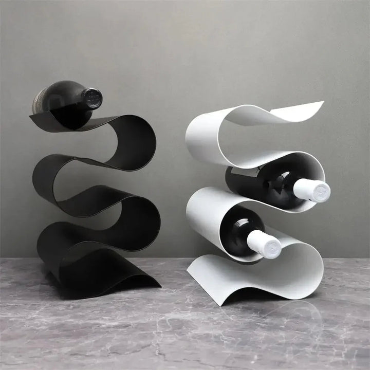 Sculptural Metal Wine Rack for Countertop – Elegant Wavy Design Holds 3 Standard Bottles, Compact Wine Storage Racks 3