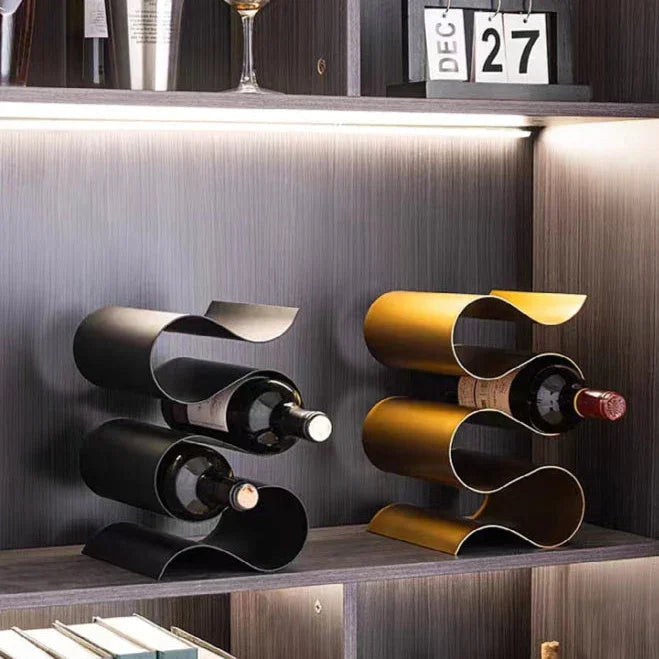 Sculptural Metal Wine Rack for Countertop – Elegant Wavy Design Holds 3 Standard Bottles, Compact Wine Storage Racks 4