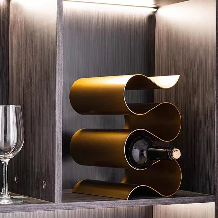 Sculptural Metal Wine Rack for Countertop – Elegant Wavy Design Holds 3 Standard Bottles, Compact Wine Storage Racks 6
