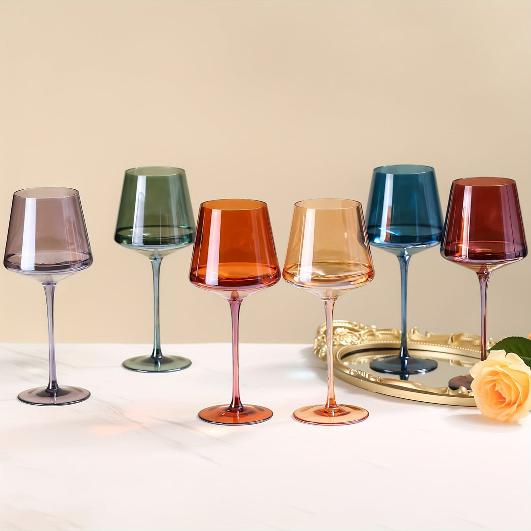 Set of 6 Hand Blown Colored Wine Glasses - Elegant Crystal Drinkware with Wide Bowl and Tapered Rim 0