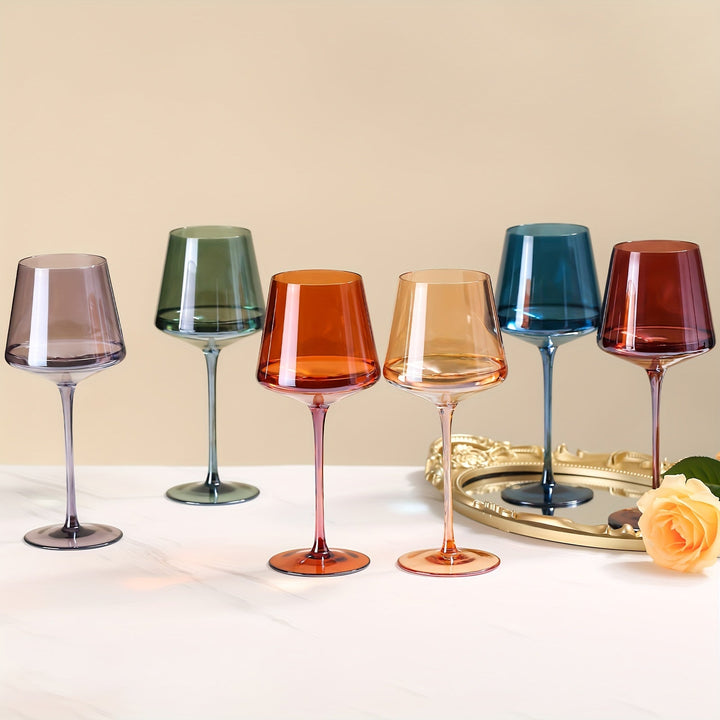 Set of 6 Hand Blown Colored Wine Glasses - Elegant Crystal Drinkware with Wide Bowl and Tapered Rim 0