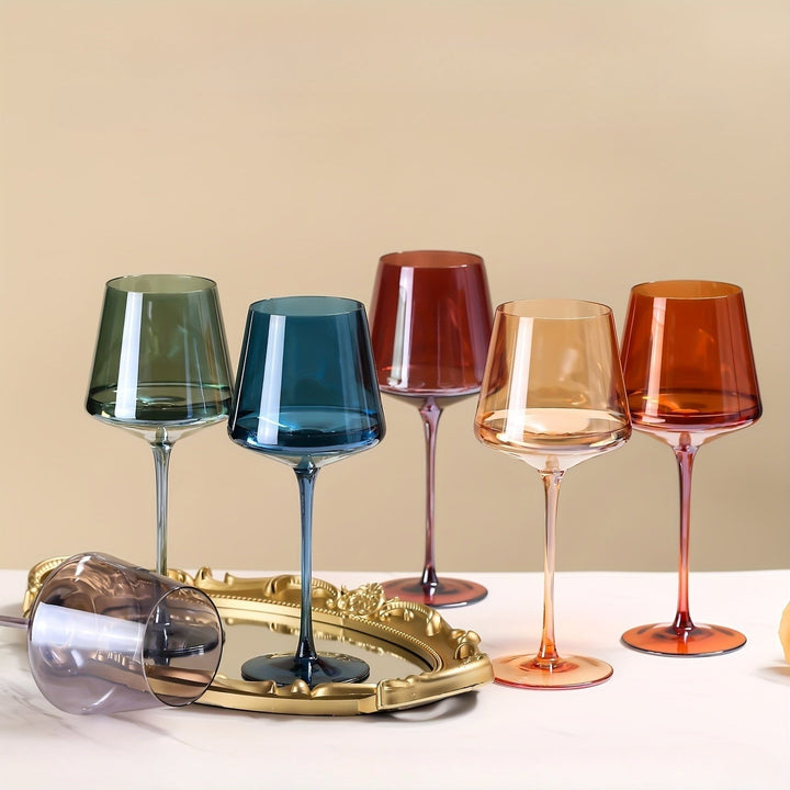 Set of 6 Hand Blown Colored Wine Glasses - Elegant Crystal Drinkware with Wide Bowl and Tapered Rim 1