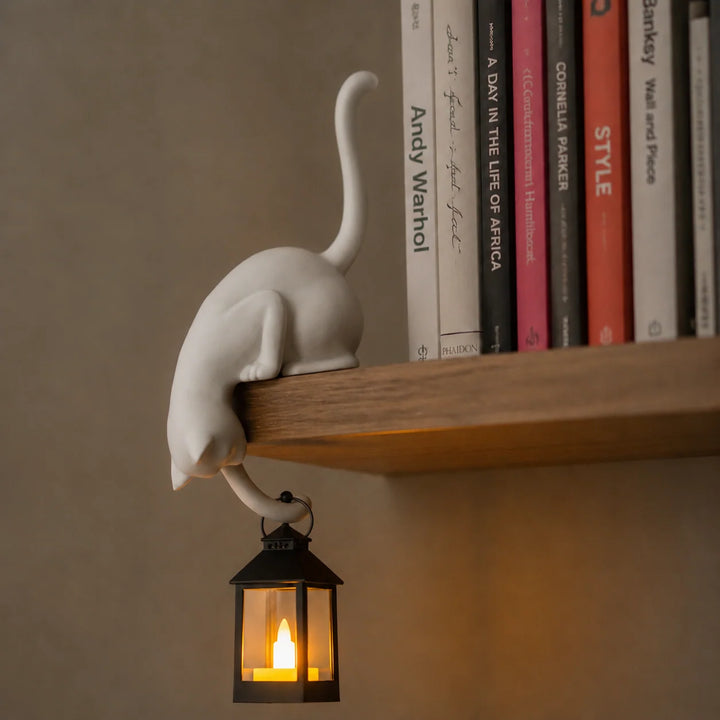 Shelf-Edge Cat Figurine Lantern with Warm LED Light – Indoor Decorative Accent for Cozy Ambiance 0