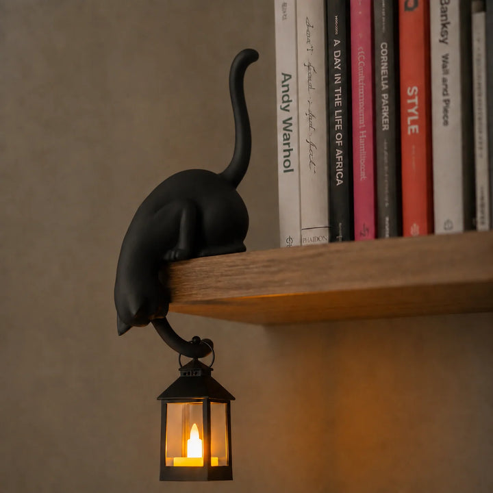 Shelf-Edge Cat Figurine Lantern with Warm LED Light – Indoor Decorative Accent for Cozy Ambiance 1