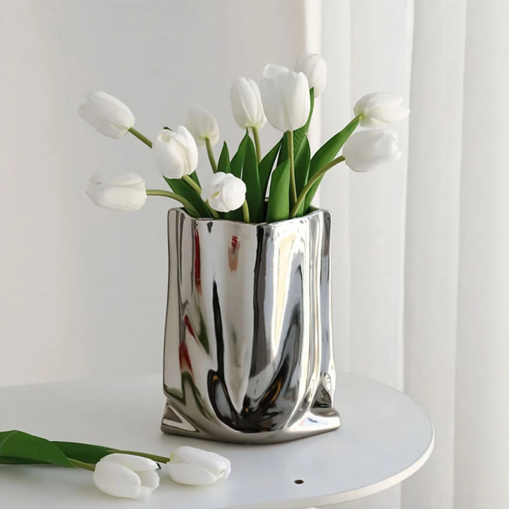 Silver Ceramic Flower Vase with Mirrored Chrome Finish and Organic Wavy Design – Modern Decorative Accent for Home Decor 0