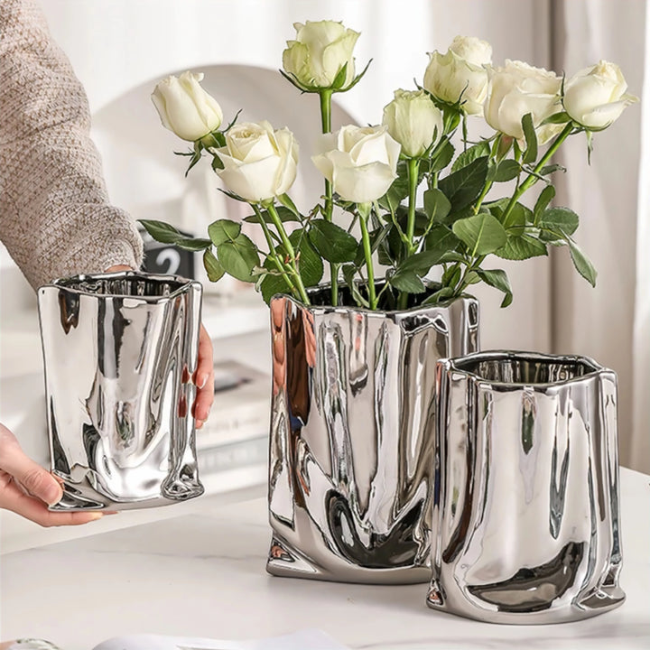 Silver Ceramic Flower Vase with Mirrored Chrome Finish and Organic Wavy Design – Modern Decorative Accent for Home Decor 1