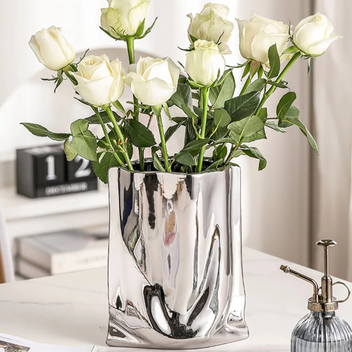Silver Ceramic Flower Vase with Mirrored Chrome Finish and Organic Wavy Design – Modern Decorative Accent for Home Decor 2