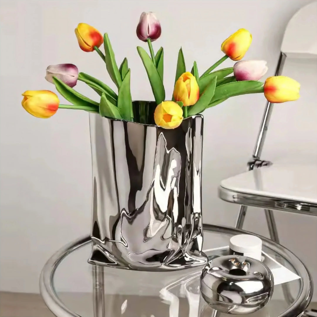 Silver Ceramic Flower Vase with Mirrored Chrome Finish and Organic Wavy Design – Modern Decorative Accent for Home Decor 3