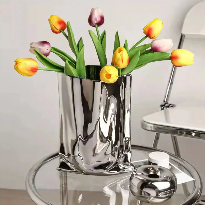 Silver Ceramic Flower Vase with Mirrored Chrome Finish and Organic Wavy Design – Modern Decorative Accent for Home Decor 3