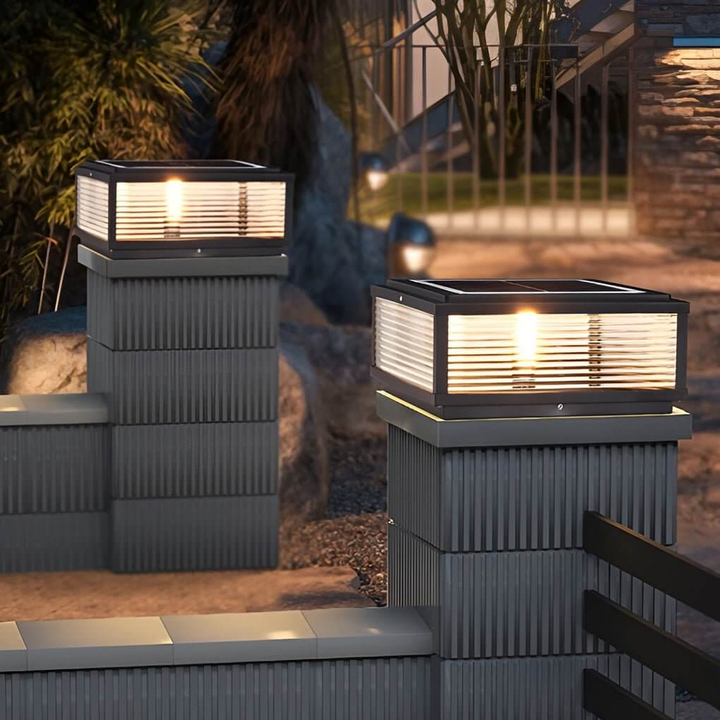 Square Pillar Solar Light with Ribbed Glass Shade – Durable Outdoor Lighting for Landscape and Pathways, Available in Multiple Sizes 0