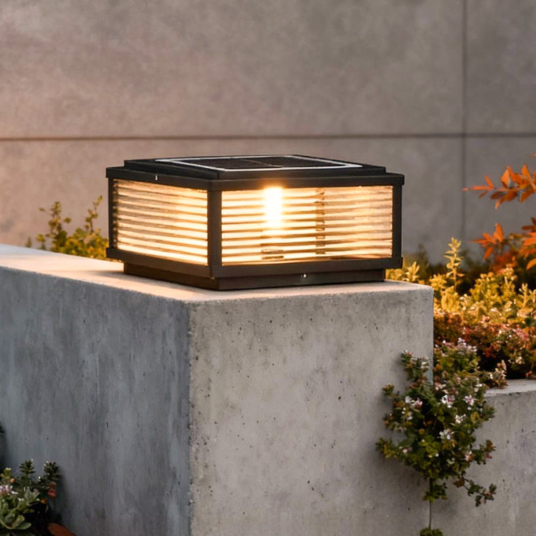Square Pillar Solar Light with Ribbed Glass Shade – Durable Outdoor Lighting for Landscape and Pathways, Available in Multiple Sizes 1