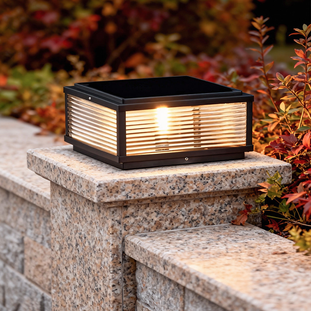 Square Pillar Solar Light with Ribbed Glass Shade – Durable Outdoor Lighting for Landscape and Pathways, Available in Multiple Sizes 2