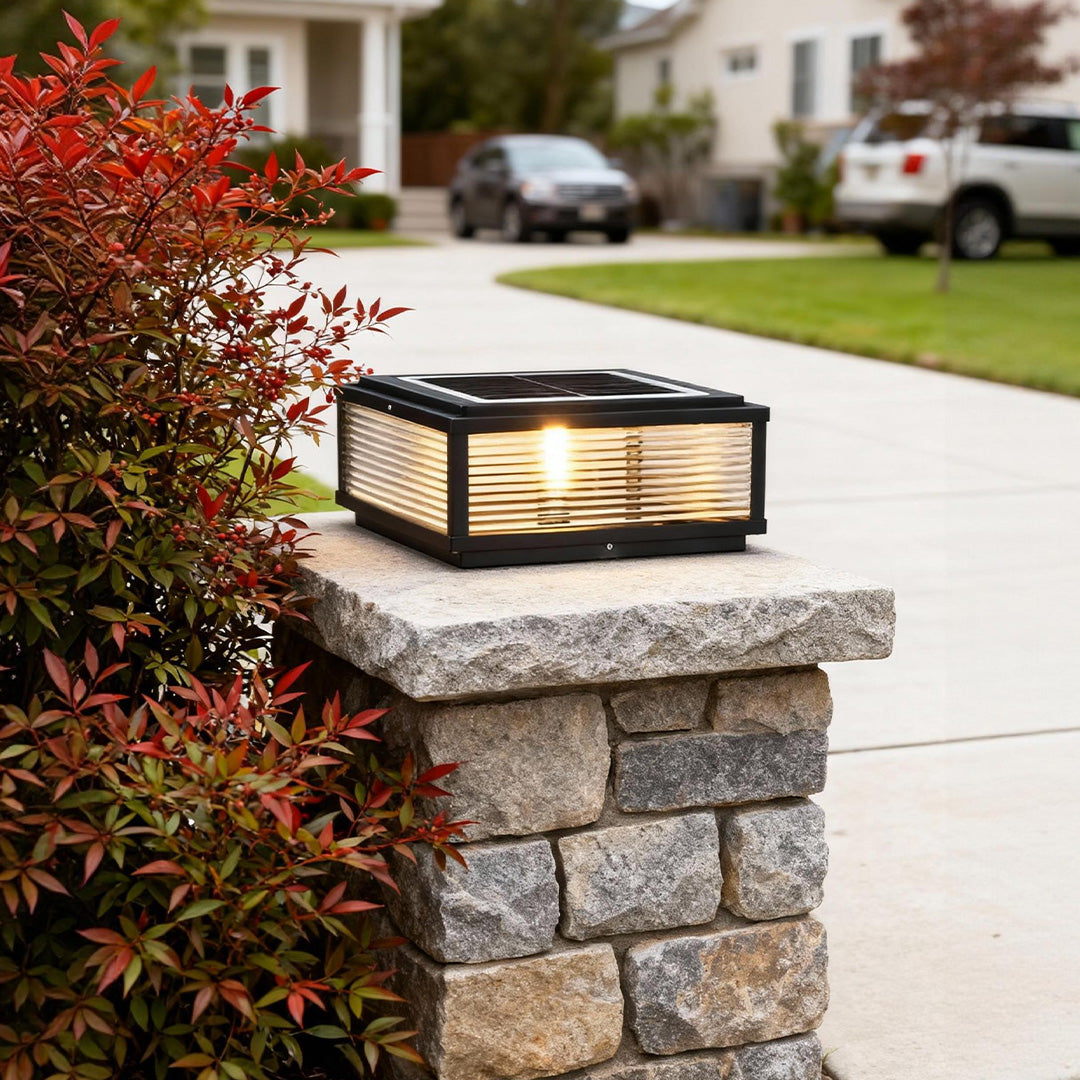 Square Pillar Solar Light with Ribbed Glass Shade – Durable Outdoor Lighting for Landscape and Pathways, Available in Multiple Sizes 3