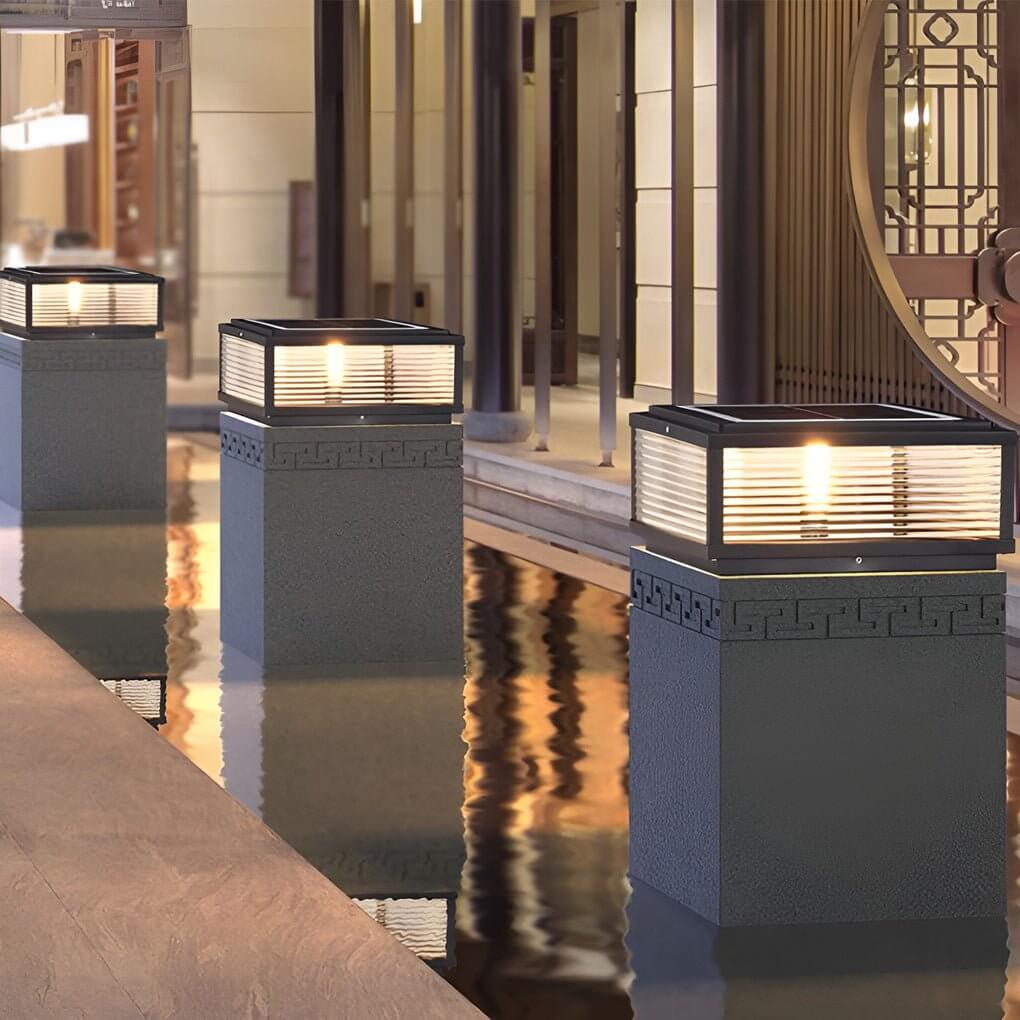 Square Pillar Solar Light with Ribbed Glass Shade – Durable Outdoor Lighting for Landscape and Pathways, Available in Multiple Sizes 5