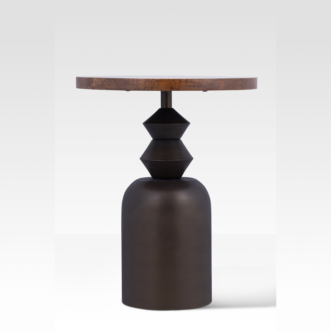 Stylish End Table with Solid Mango Wood Top and Hand-Cast Metal Base – Modern Sculptural Design for Living Room 0