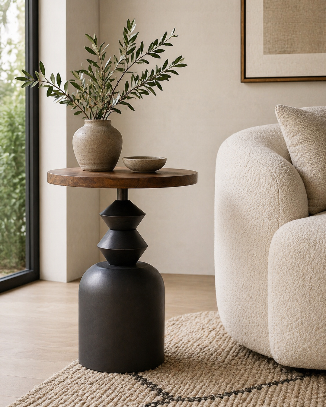 Stylish End Table with Solid Mango Wood Top and Hand-Cast Metal Base – Modern Sculptural Design for Living Room 4