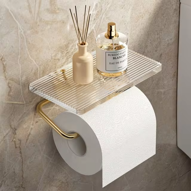 Stylish Toilet Roll Holder with Shelf – Modern Bathroom Accessory in Polished Metal 0