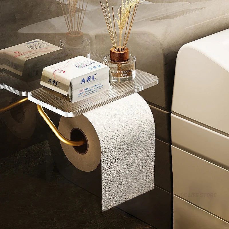 Stylish Toilet Roll Holder with Shelf – Modern Bathroom Accessory in Polished Metal 1