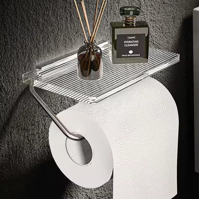Stylish Toilet Roll Holder with Shelf – Modern Bathroom Accessory in Polished Metal 4