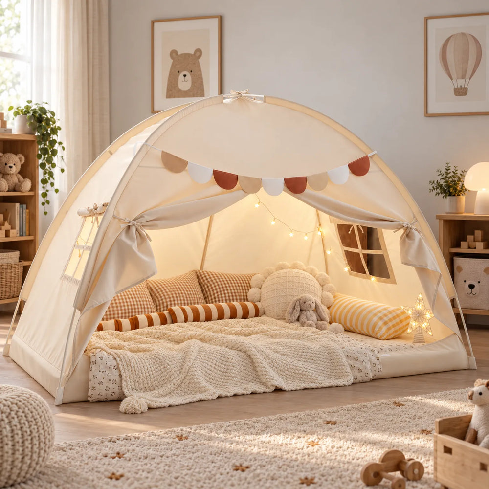 Twin Bed Tent with Breathable Mesh, USB Star Lights, Flexible Support Frame, Adjustable Curtains – Cozy Reading Space for Kids 1