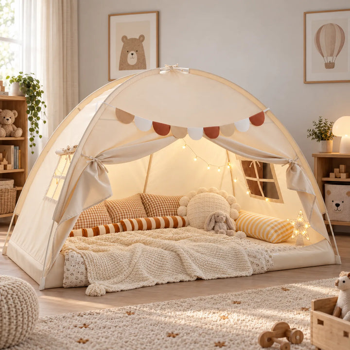 Twin Bed Tent with Breathable Mesh, USB Star Lights, Flexible Support Frame, Adjustable Curtains – Cozy Reading Space for Kids 1